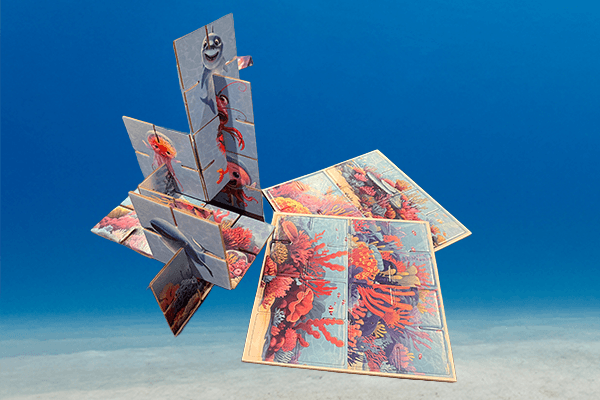 3D wooden puzzle assembled with reference cards