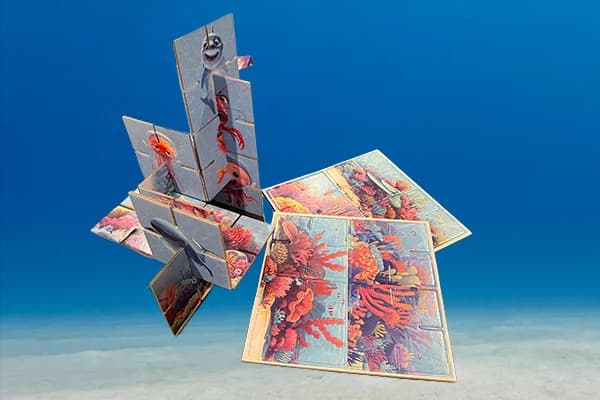 3D wooden puzzle assembled with reference cards